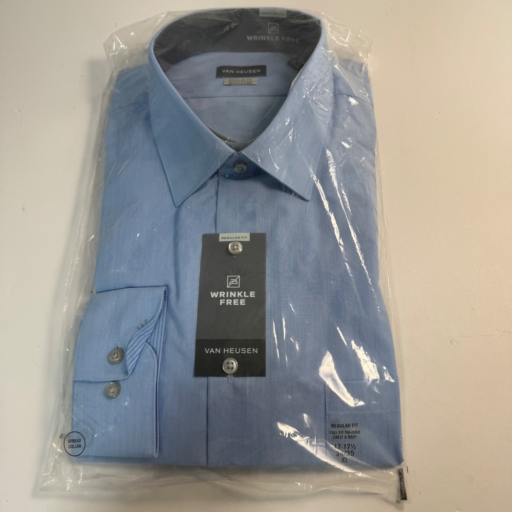 Van Heusen Mens Wrinkle Free Regular Fit Dress Shirt Blue 17-17.5 34/35 XL